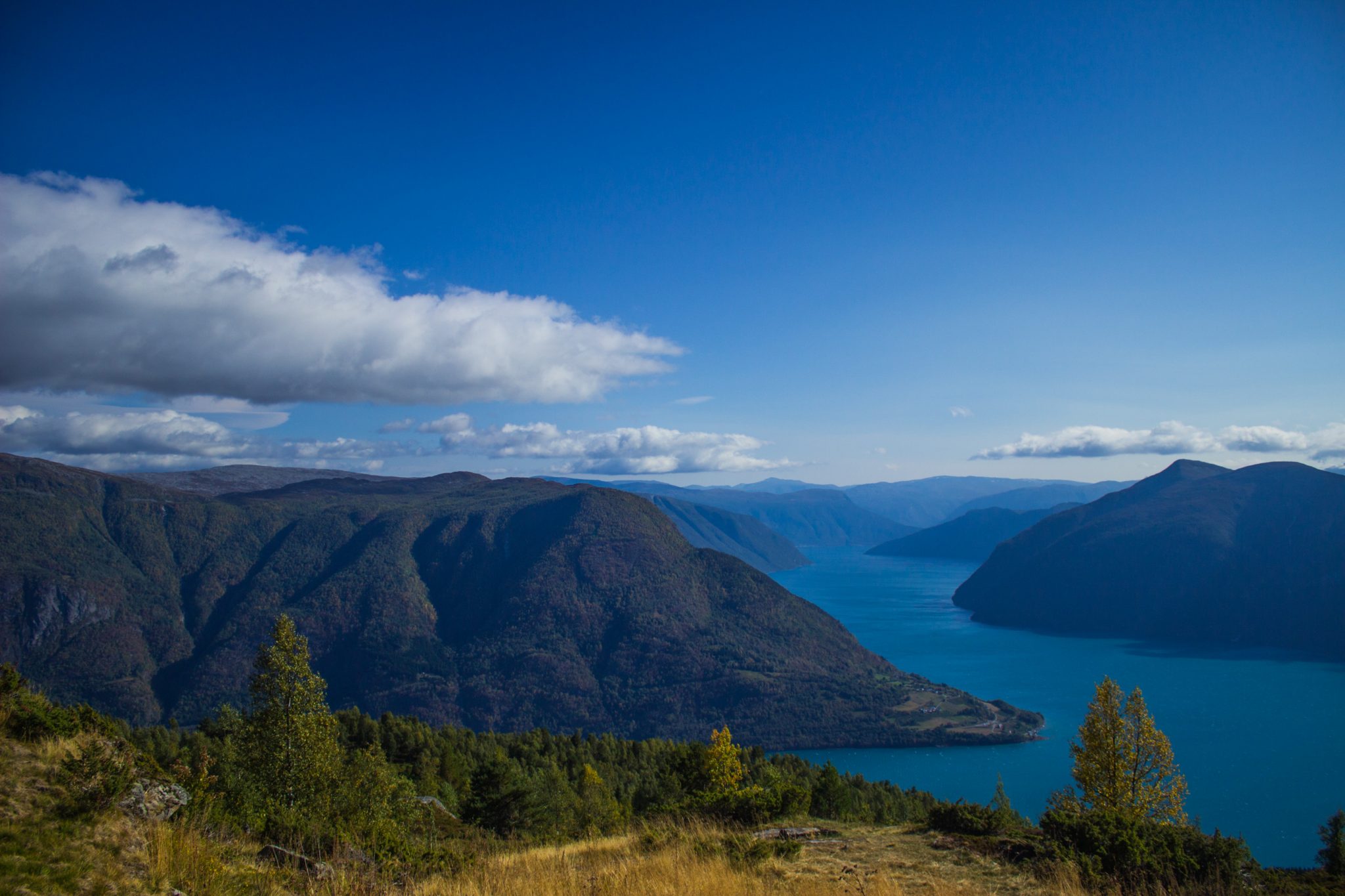Wanderung auf den Molden mit Aussicht auf den Lustrafjord bei Hafslo in Vestland, Norwegen, Start beim Wanderparkplatz Molden in der Nähe der Sognefjellet Straße