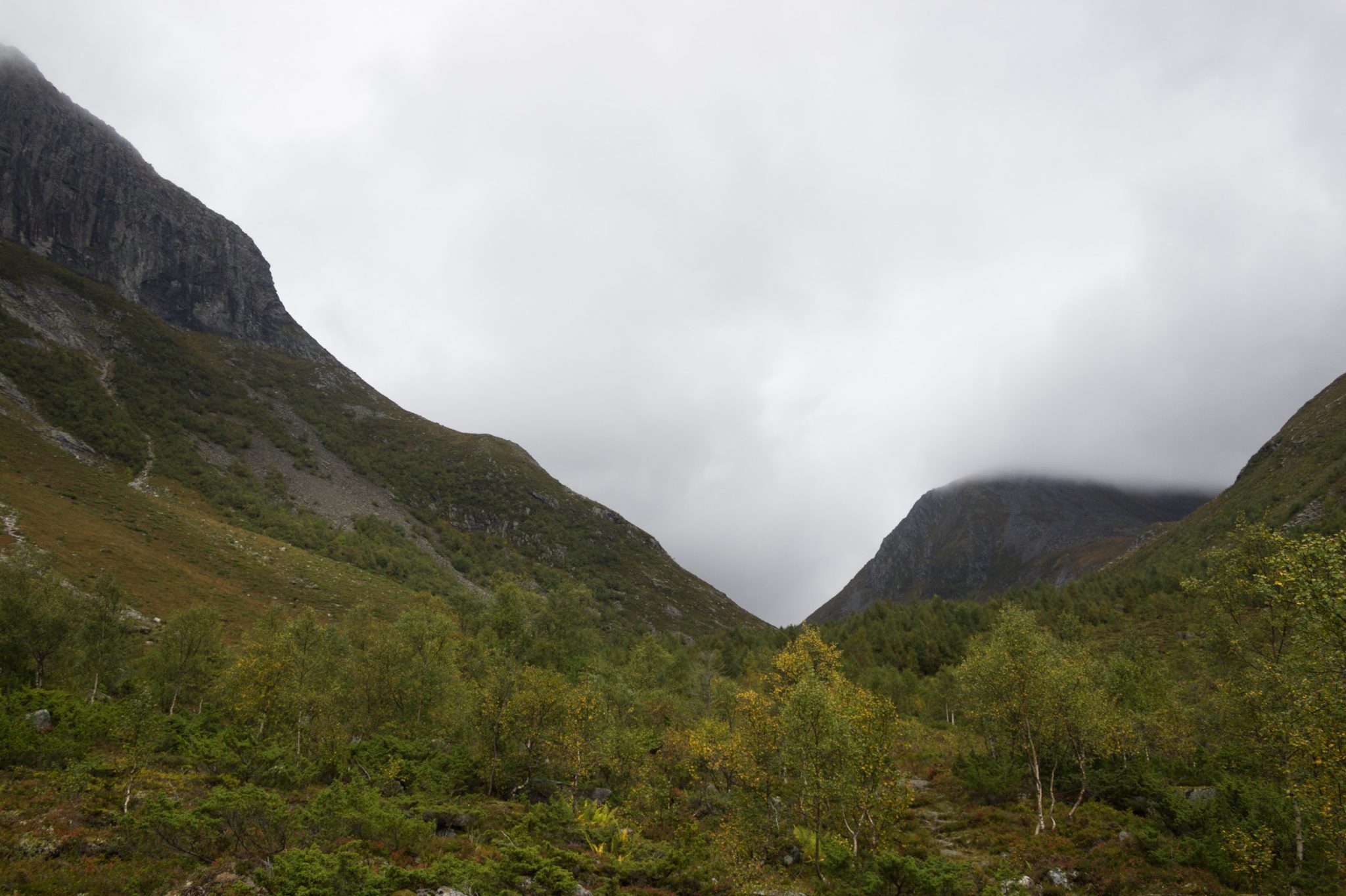 Wanderung im Naturreservat Skorgeura, Naturschutzgebiet in Norwegen, Wanderweg führt durch schönes Tal, beiderseits aufragende Berge