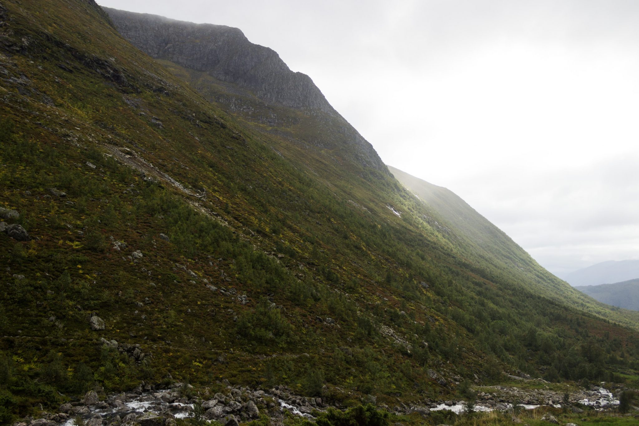 Wanderung im Naturreservat Skorgeura, Naturschutzgebiet in Norwegen, Wanderweg führt entlang eines Baches durch schönes Tal, beiderseits aufragende Berge